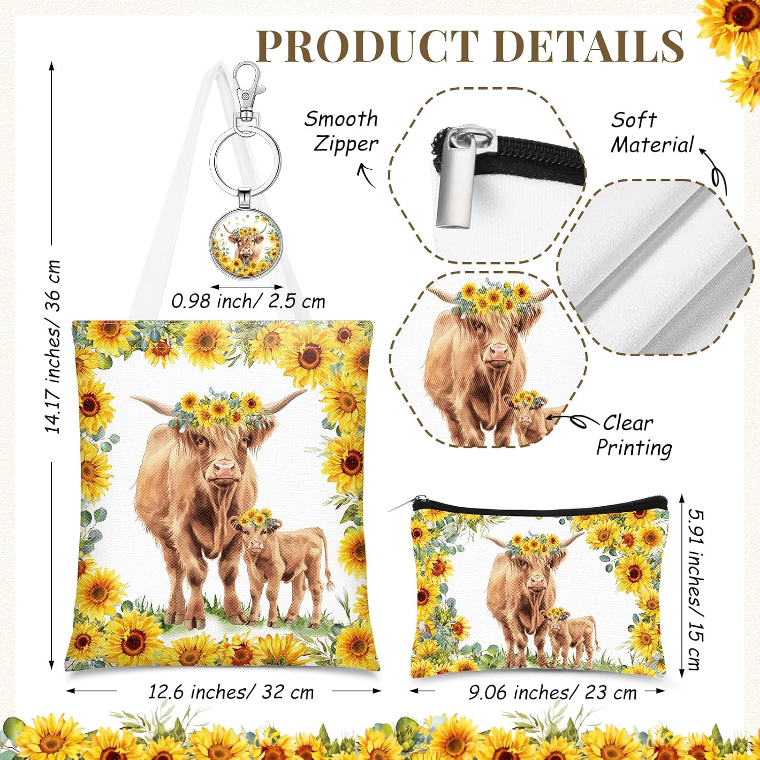 Abbylike 4 Pcs Highland Cow Animal Lover Gifts: Stainless Steel Tumbler with Straw Lid, Metal Keychain, Canvas Tote Bag, Cosmetic Bag for Christmas, Birthday image number 5