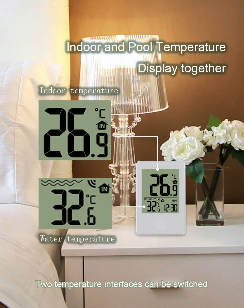 Digital Swimming Pool Thermometer with LCD Display, Wireless Water Temperature Monitor, White and Grey