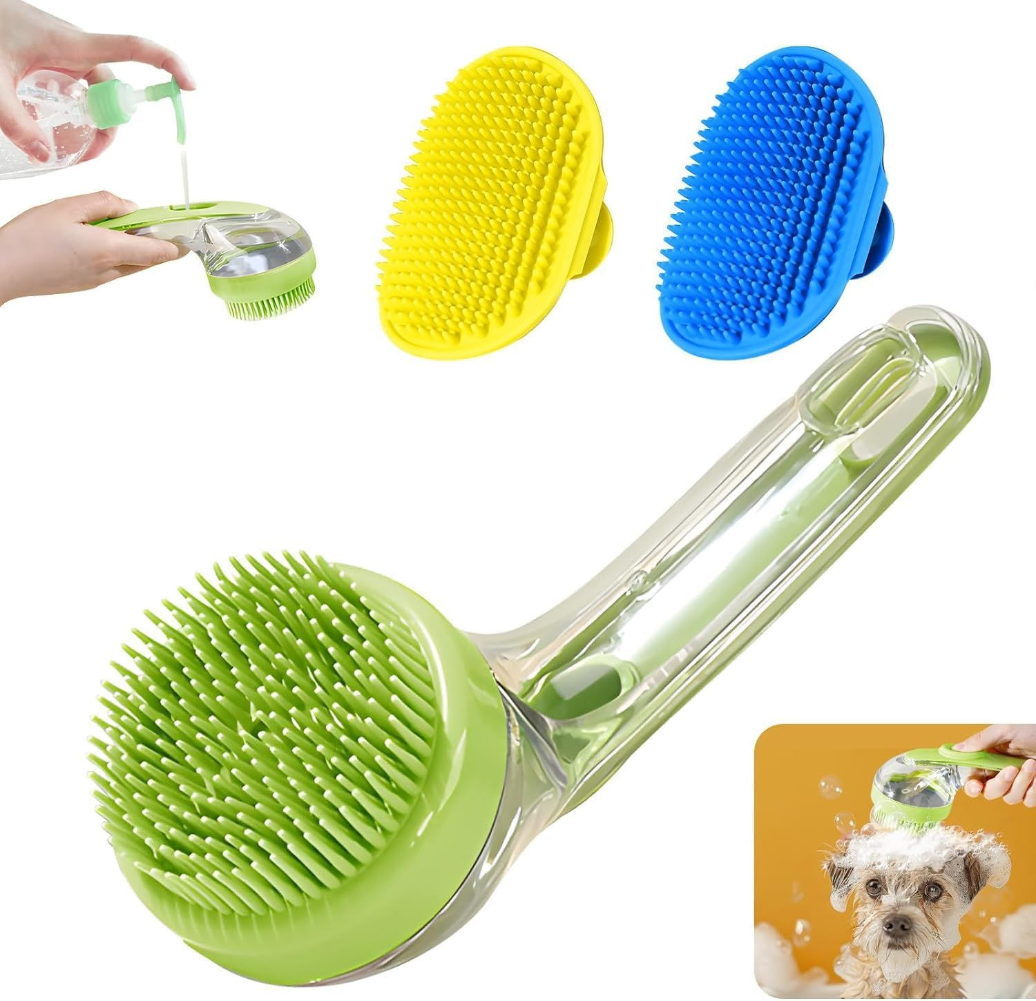3Pcs Dog Bath Brush Set - Shampoo Brush & Bubble Maker with Adjustable Handle, Paw Washer & Massage Grooming Tool for Short/Long Hair Dogs & Cats (Blue Yellow Green)