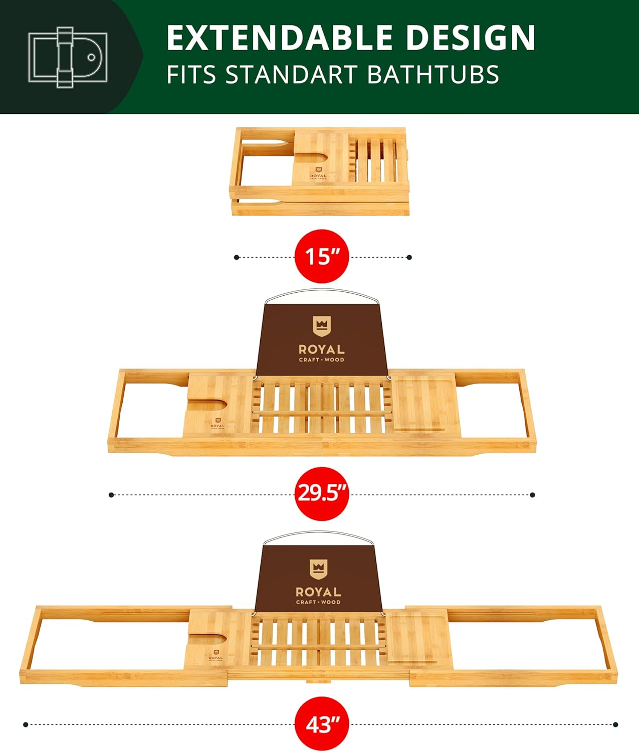 Royal Craft Wood Premium Foldable Bathtub Tray - Wood Bath Tray for Tub, Bamboo Shelf, Expandable Bath Table Trays, Bathtub & Bathroom Accessories for New Home & Mothers Day & Birthday Gifts for Mom - Gray (Classic) image number 3