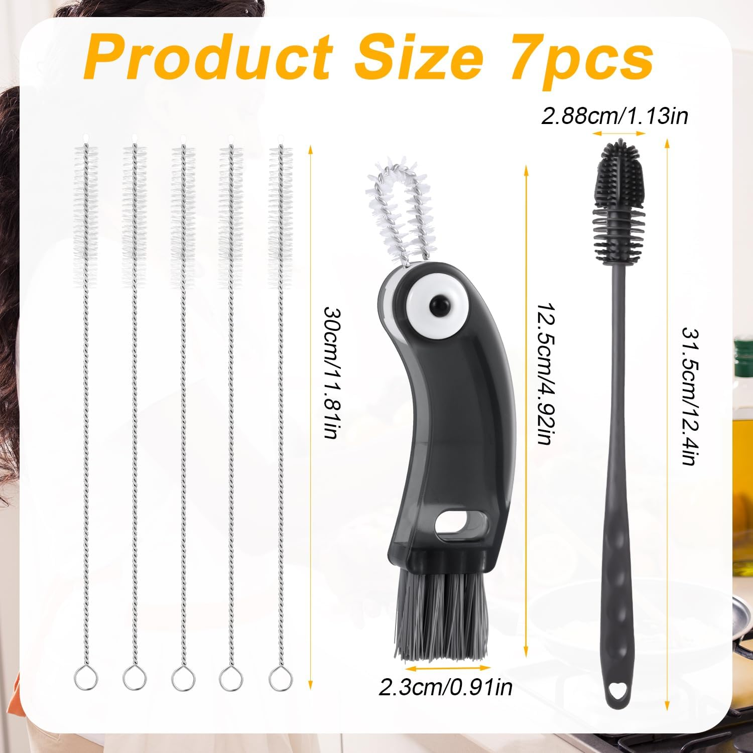 7Pcs Water Bottle Brush Kit, Silicone Bottle Cleaning Brush with Long Handle Straw Cleaner Multifunctional Cup Lid Brush Clean Accessories for Owala Freesip 24Oz/32Oz/40Oz image number 3