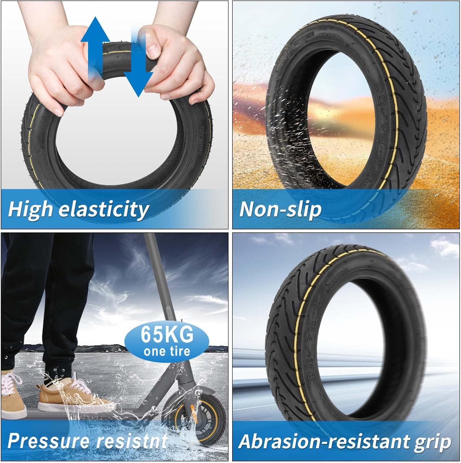 Prodroam 10 Inch Tyre Tubeless 60/70-6.5 for Segway Ninebot Max G30 G30D 2 G30E 2 G30P G30LP Electric Scooter Replacement Tyres Front Rear with Valve, No Self-Healing (Yellow Stripes, 2 Pieces) image number 6