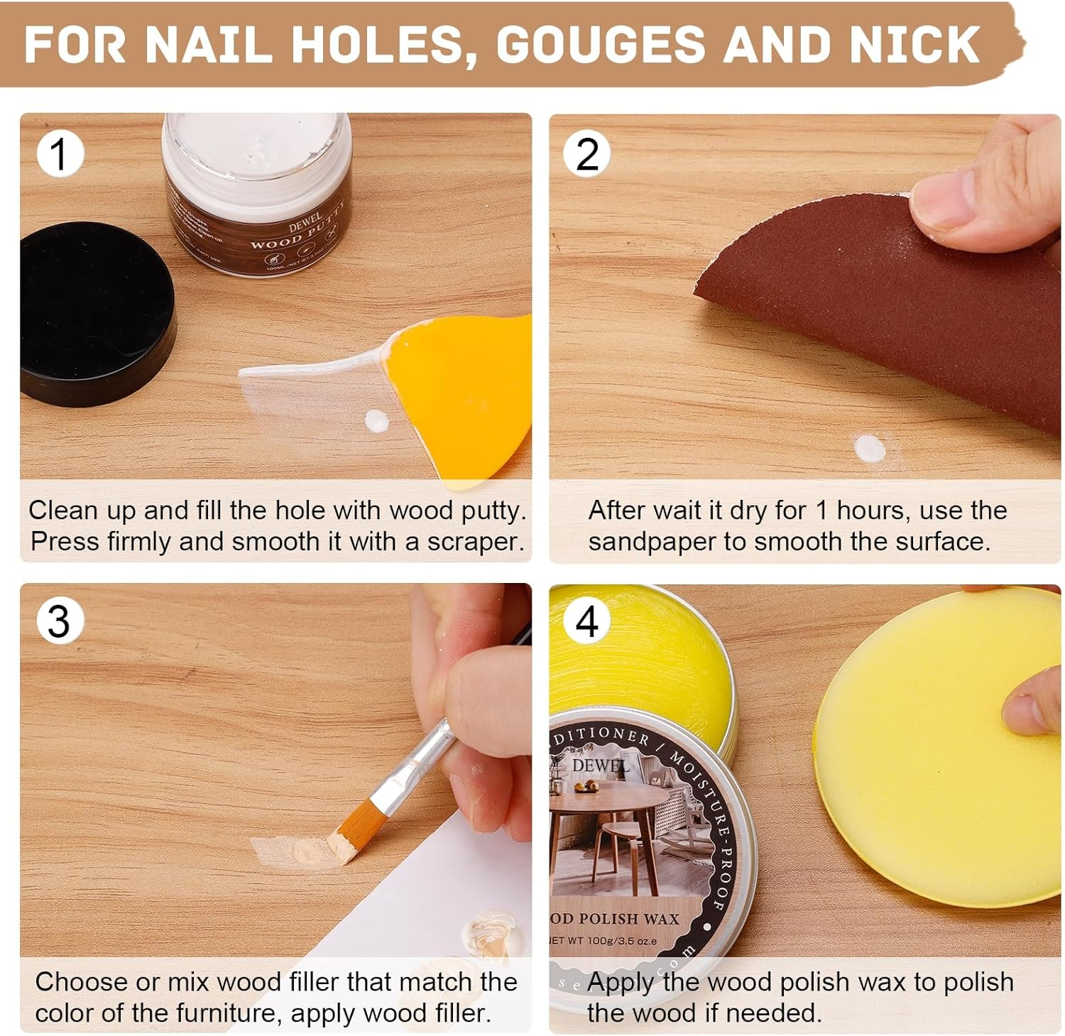 DEWEL Wood Filler, Upgrade Wood Floor and Furniture Repair Kit, 18 Colors Wood Floor Scratch Remover, Wood Putty and Wood Polish for Wood Scratches, Crack, Holes, Laminate, Cabinet, Table, Oak, Walnut image number 4