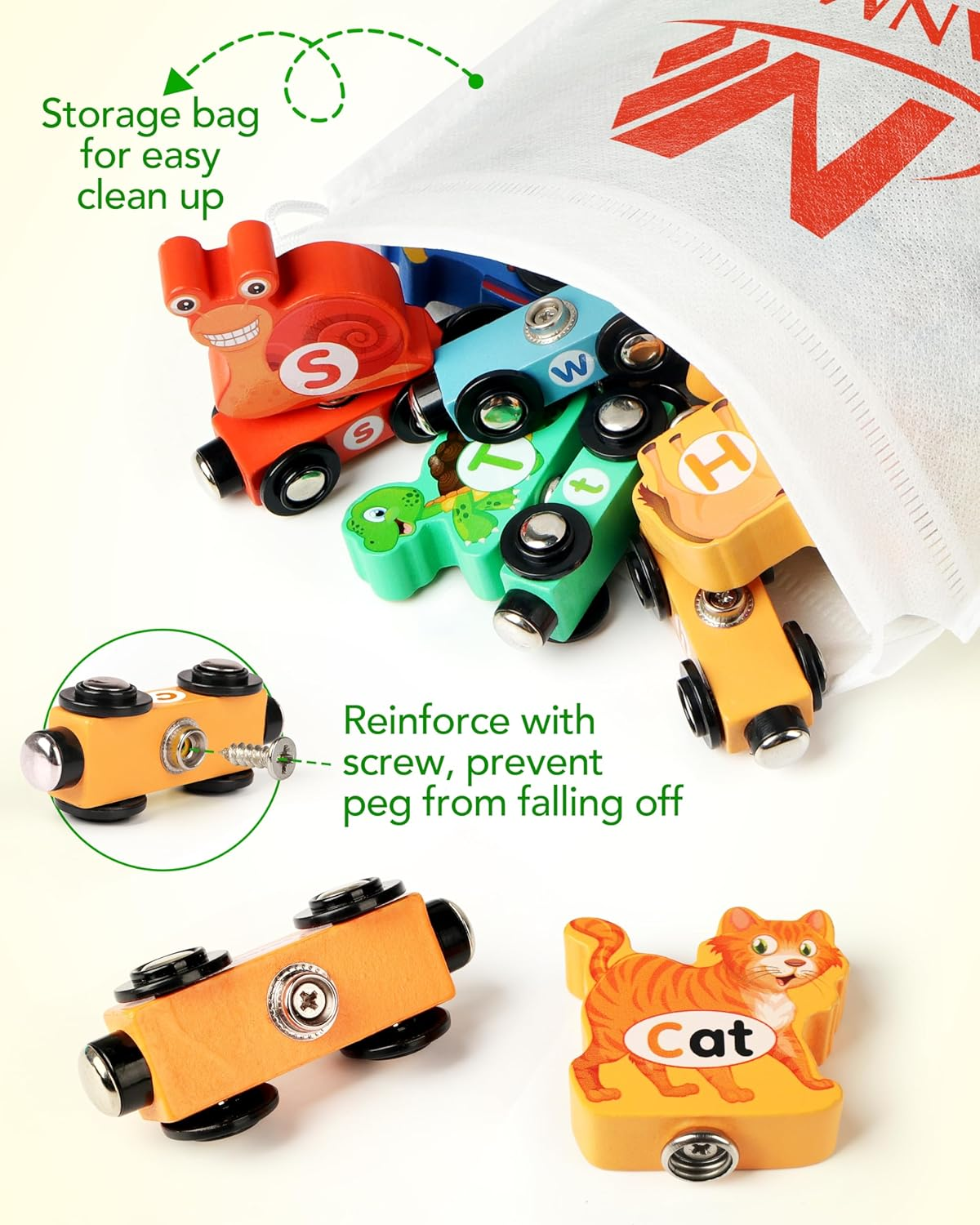 Vanmor Wooden Train Set, Snap-Connection Animal Trains, STEM Take Apart Animal Play Set, Toddler Matching and Magnetic Alphabet Train Learning Toys for Kids Ages 3-5 image number 6