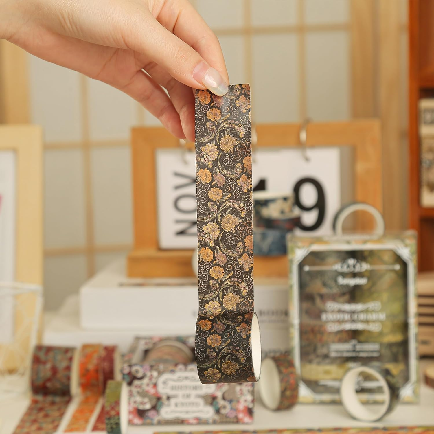 KAVI' S 12 Rolls Kyoto Charm Washi Tape Set Japanese Arts Adhesive Tapes Geometric Garden Decorative Masking Tape Sets for Craft, Kids, Scrapbook, DIY, Gift Wrapping (Black Elegance) - Black Elegance image number 4