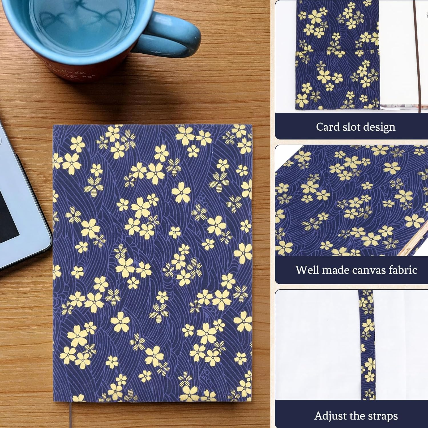 A5 Size Paperback Book Cover Protector, Adjustable Canvas Book Sleeve for Reading Lovers, Floral Print Soft Cloth Notebook Cover for Hardcover Bible Journal Textbook (Style A, A5)