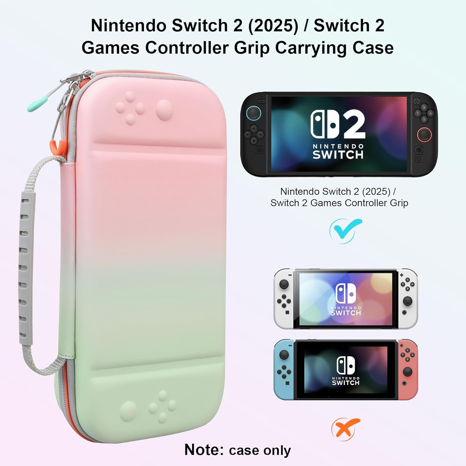 Elonbo Carrying Case for Nintendo Switch 2 (2025), Switch 2 Games Controller Grip Hard Travel Bag, Game Player Organizer Holder, Mesh Pocket Fits Joy-Con Cables Games Cartridges, Pink-Green
