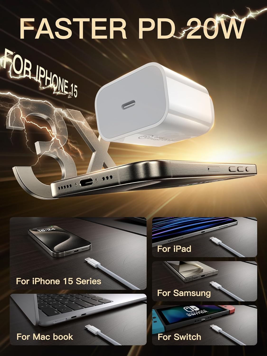 For Iphone 17/16E Charger Block with Cable - 20W   Fast Charger USB C Wall Charger Block with Braided Type C Cord for I Phone Air/17 Pro Max/16/15/Ipad Pro/Samsung S25/S24 Ultra image number 4