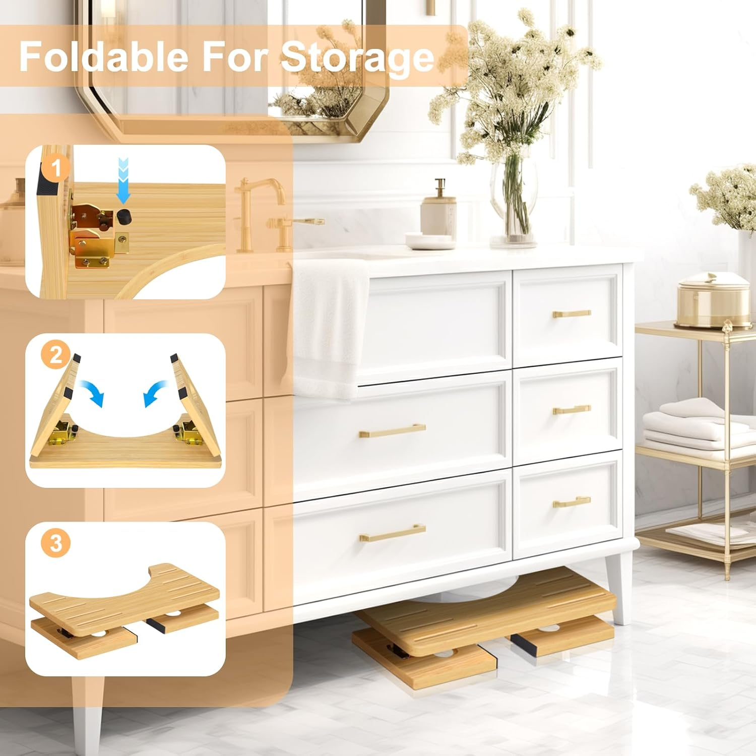 Raylove Toilet Stool Squat Adult Foldable 7 Inch Poop Stool - Portable Bathroom Stool for Adults with Easy Storage, Relieves Bloating & Straining, Natural Color image number 2