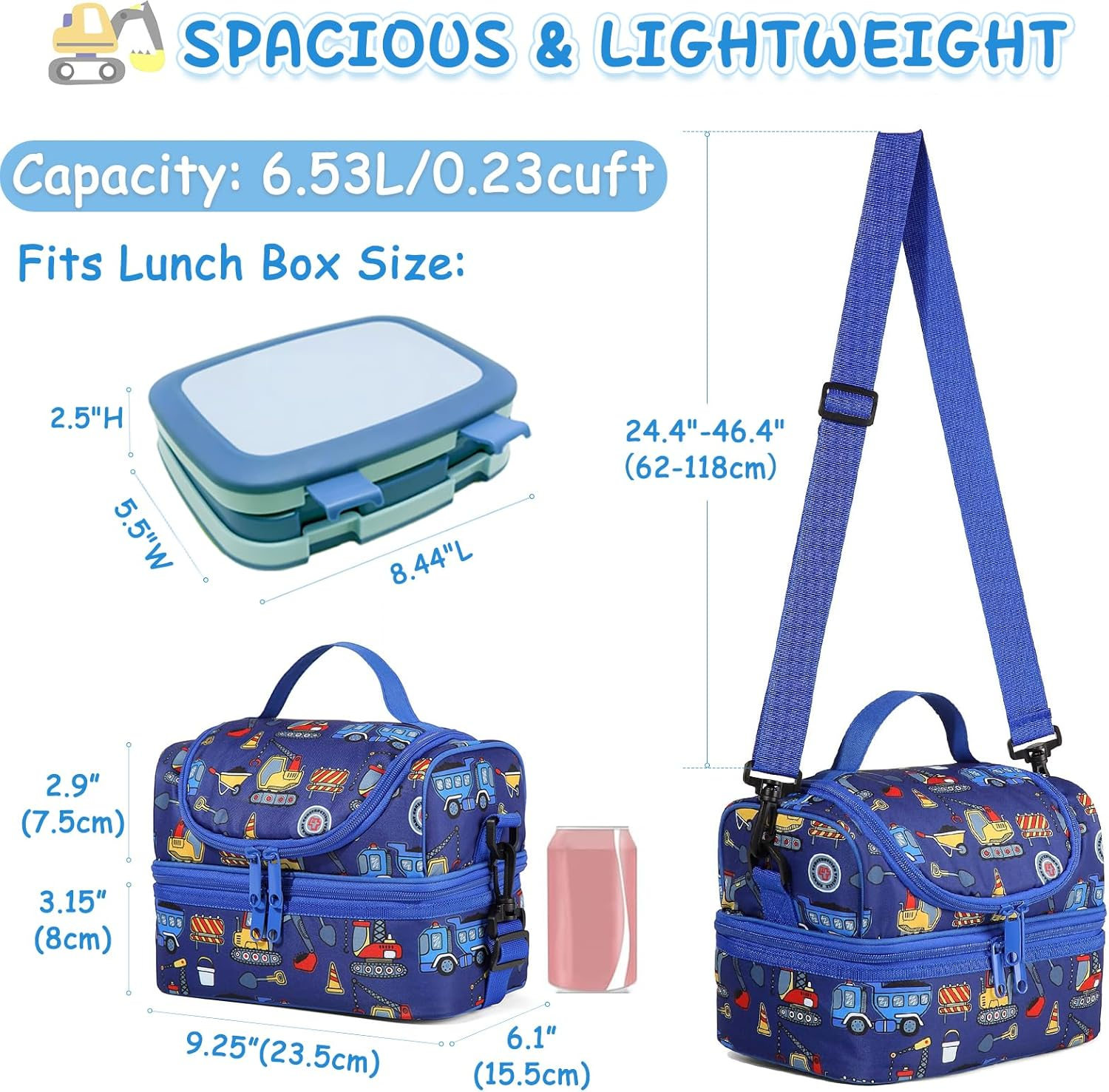 KASQO Lunch Box Bag for Kids, Insulated Lunch Bag Two Compartments Toddler Cooler Bag Lunch Tote Bag with Detachable Shoulders Strap for School Picnic， Blue Car - Blue Rocket image number 3
