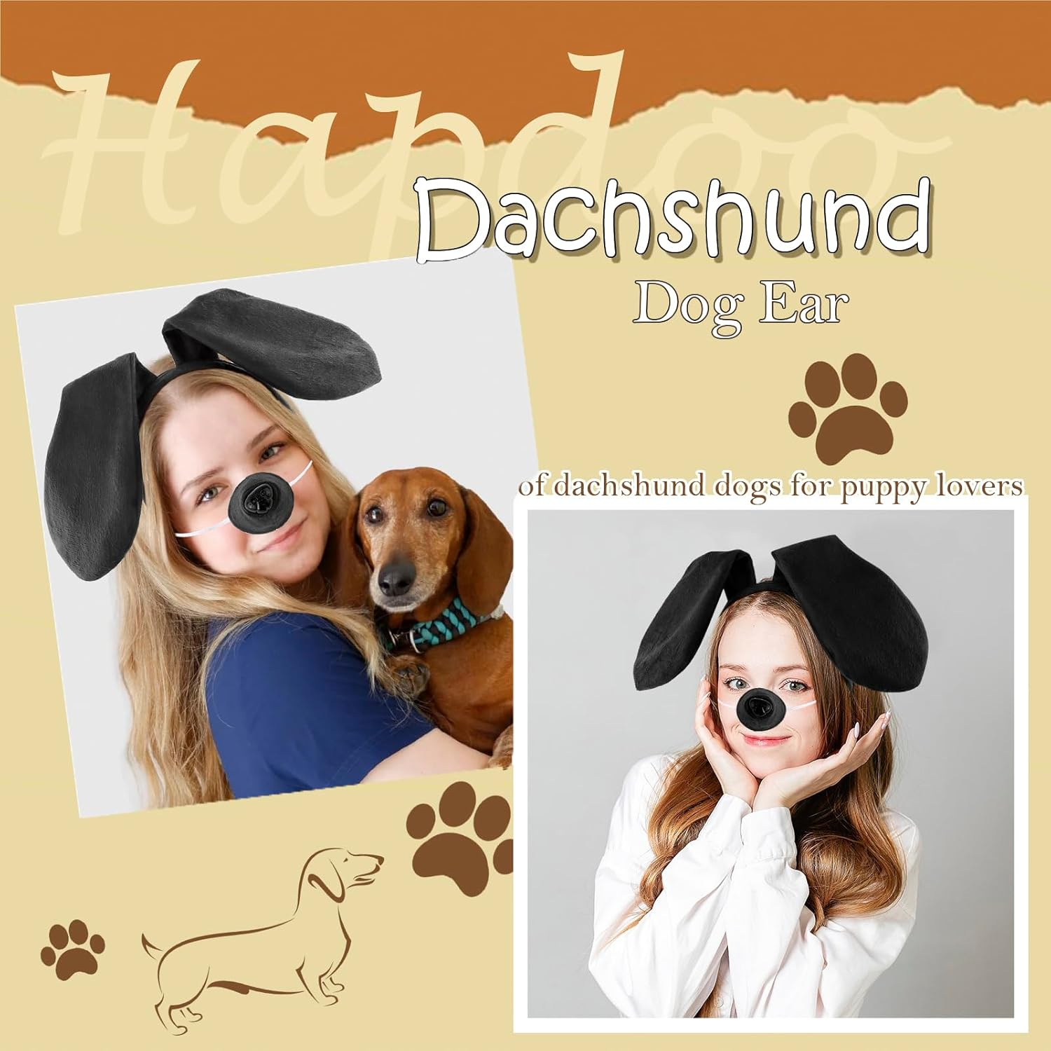 Hapdoo Dachshund Dog Costume Set Kids, Dog Ears Headband Tail Bow Tie Nose Dachshund Gifts, Puppy Animal Ears Costumes Party Accessories for Women Girls image number 1