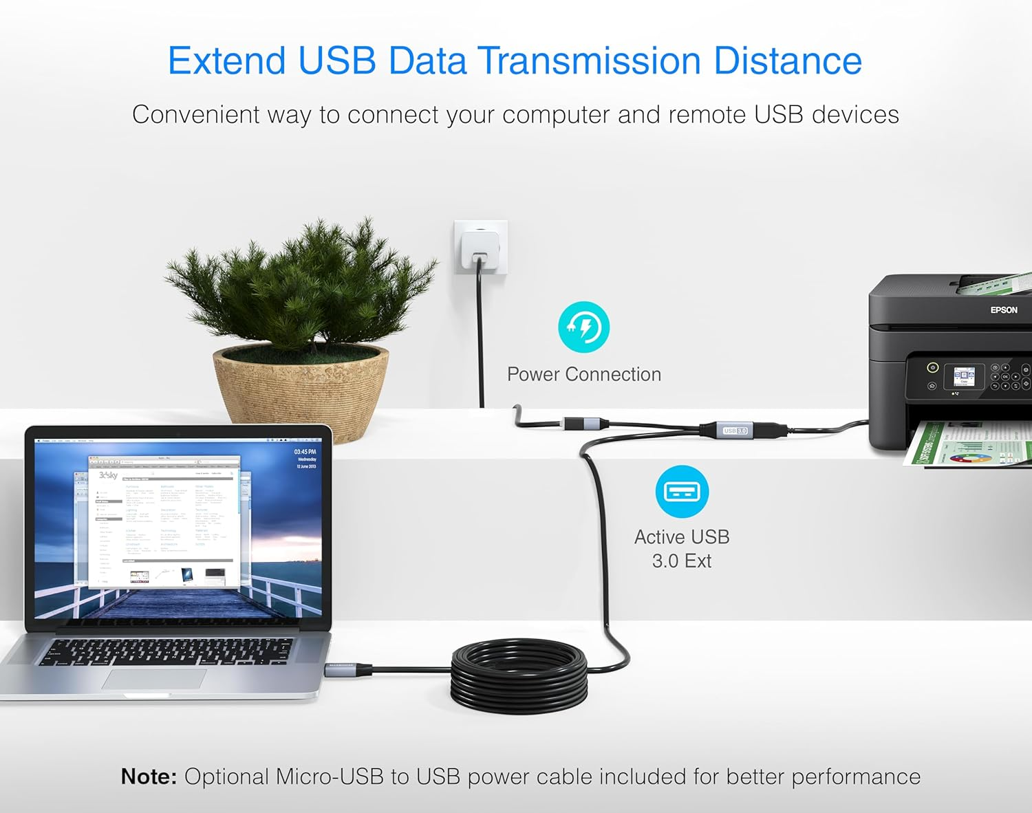 Bluerigger USB 3.0 Extension Cable (10M, Active, 5 Gbps, In-Wall CL3 Rated, Type a Male to Female Adapter Cord) - Long USB Repeater Extender for VR Headset, Printer, Hard Drive, Keyboard, Mouse, Xbox image number 4