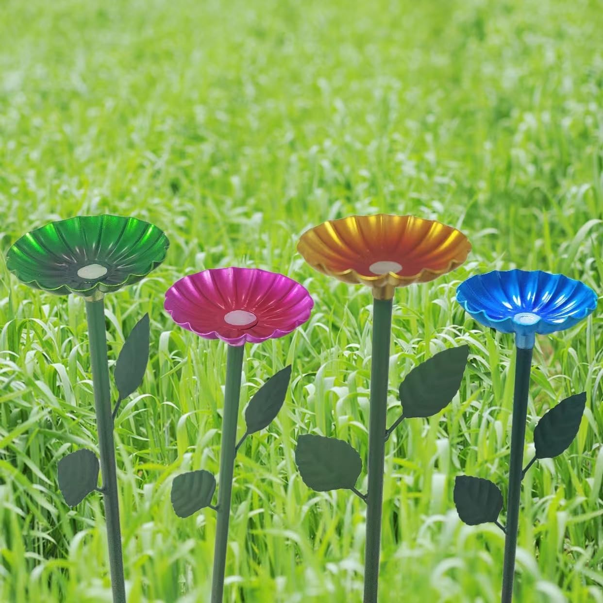 4 Pack Bee Cups for Garden Metal Bee Water Feeder with Vivid Flower Design, Bee Watering Station, Colorful Butterfly Bath Bowl Bee Cups for Outdoor Garden Yard Decor (Green,Red,Yellow,Blue) image number 1