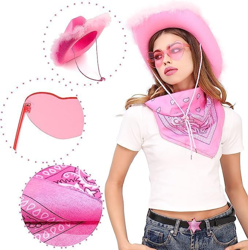 Jevenis Cowgirl Hat Cowboy Hat Women Western Cowgirl Hat with Feathers Bandana Heart Shape Sunglasses for Bachelorette Party Halloween Birthday image number 2