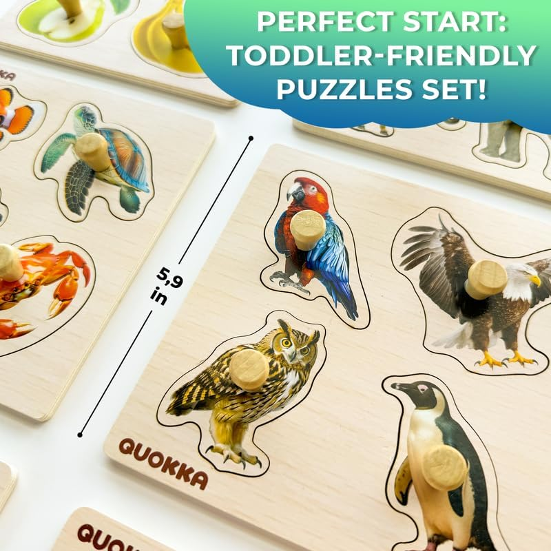 QUOKKA Wooden Puzzles for Toddlers 1-3 &ndash; 4 Set Pegged Puzzles for Kids Ages 2-4 &ndash; Animal and Birds Learning Toy for Kids &ndash; Gift Realistic Educational Game for Boy and Girl - 8 Set image number 3