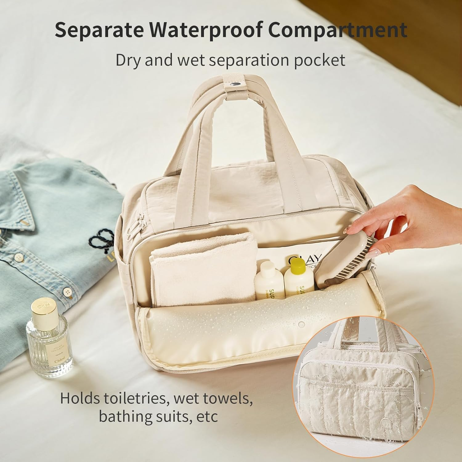 AJI Toiletry Bag Makeup Bag: Travel Toiletry Bag Cosmetic Bag - Lightweight Water-Resistant Travel Makeup Bag - Multiple Pockets Makeup Case for Makeup Storage Travel Toiletries (Milkshake White) - Milkshake White image number 3