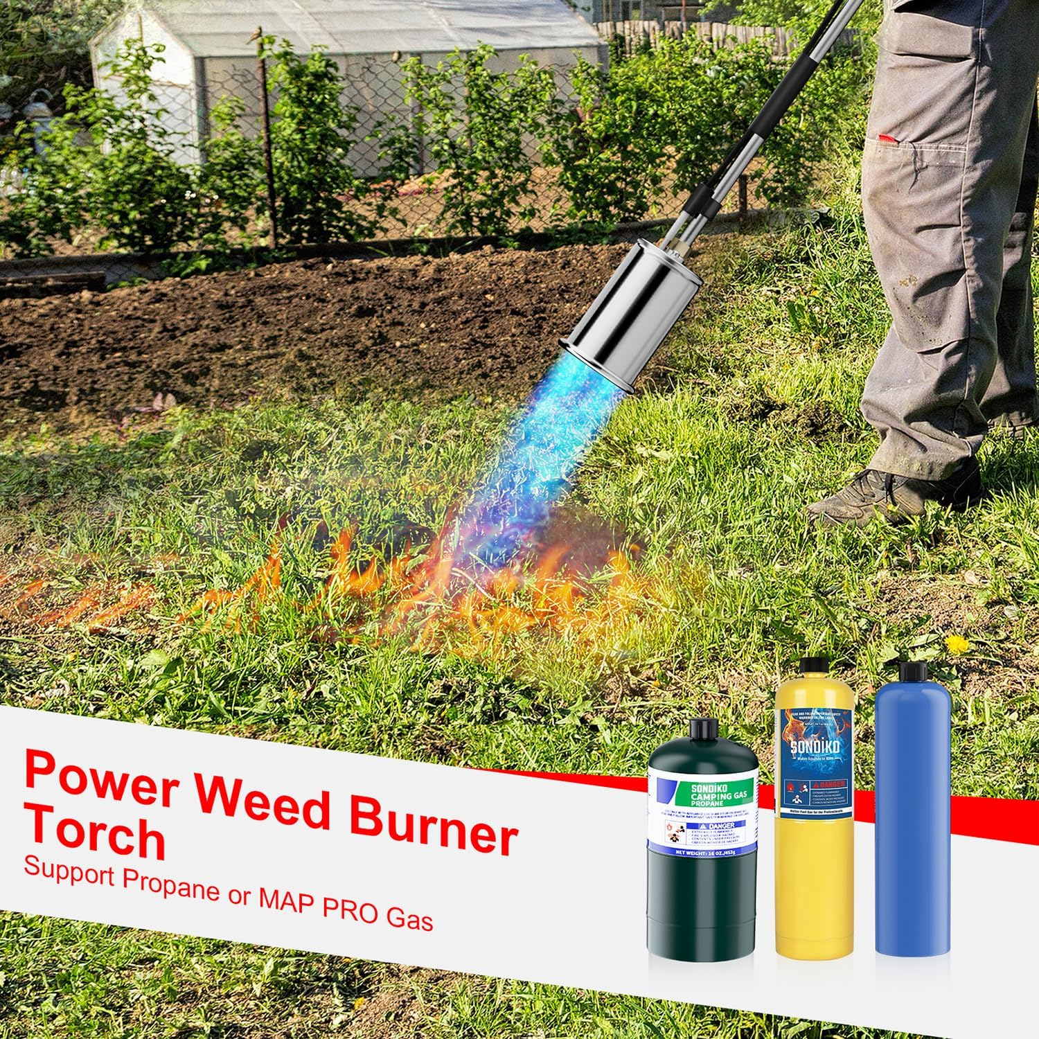 Sondiko Big Flame Propane Torch Head Kit, Weed Torch, Heavy Duty Blow Torch Detachable Propane Weed Torch with High Output 800,000 BTU for Garden Stumps Wood Ice Snow Roofing, Black & Red image number 1