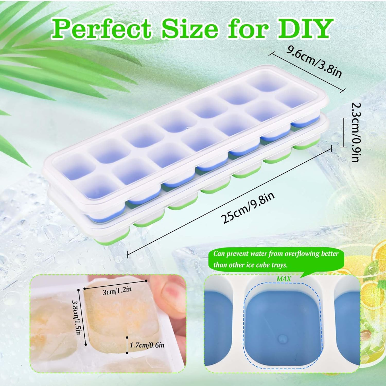 2 Pack Ice Cube Trays, Reusable Silicone 14-Ice Cube Trays with Spill-Resistant Removable Lid, Stackable Ice Trays with Covers for Freezer, Cocktail, Coffee (Blue + Green) image number 4