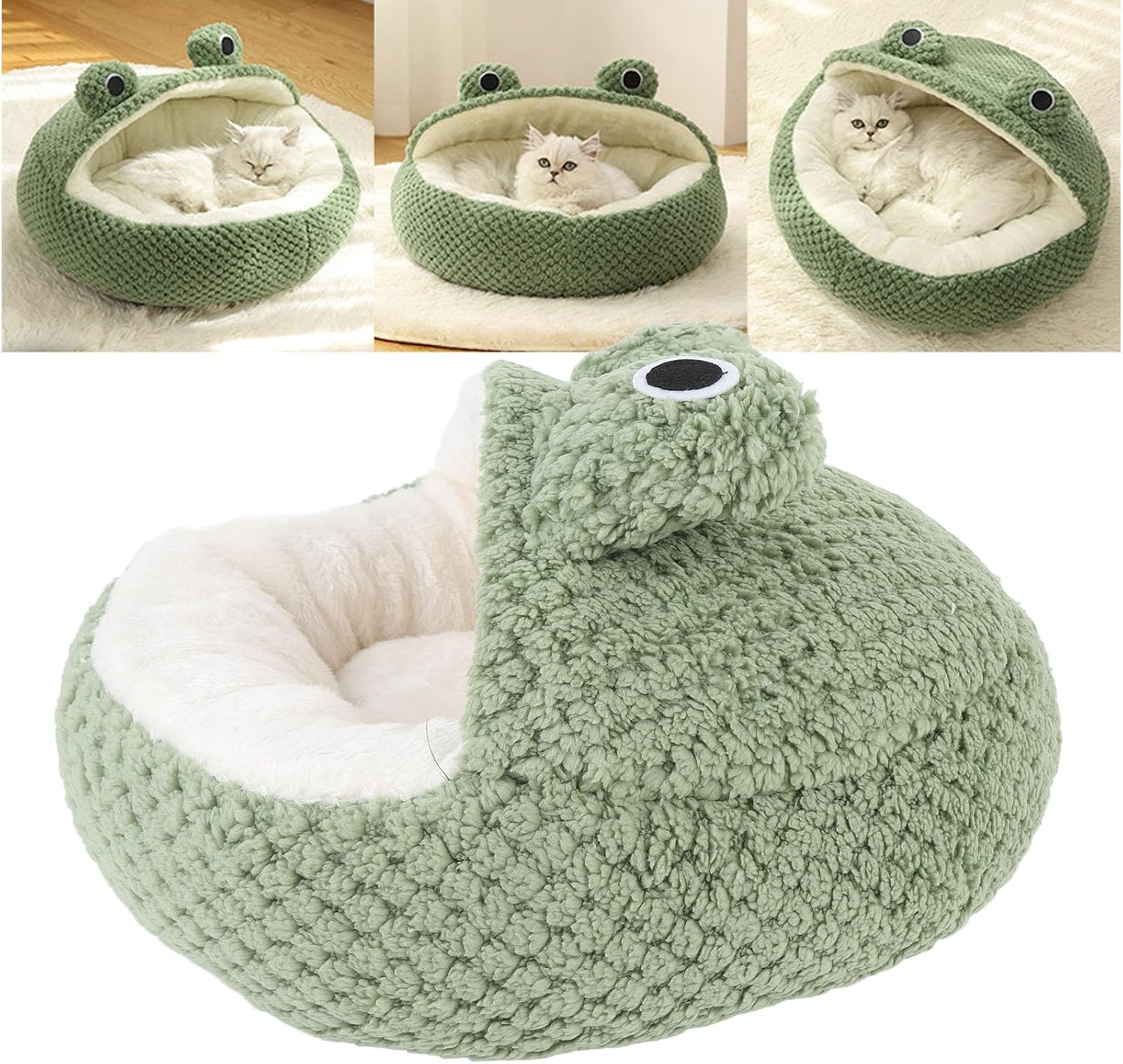 Jiawu 2 in 1 Cat Bed Cave, Small Cute Frog Shaped Dog Bed for Indoor, Fluffy Calming Sofa Cat Nest with Removable & Washable Plush Cover for Kittens and Small Dogs, Non Slip Bottom (S) image number 1