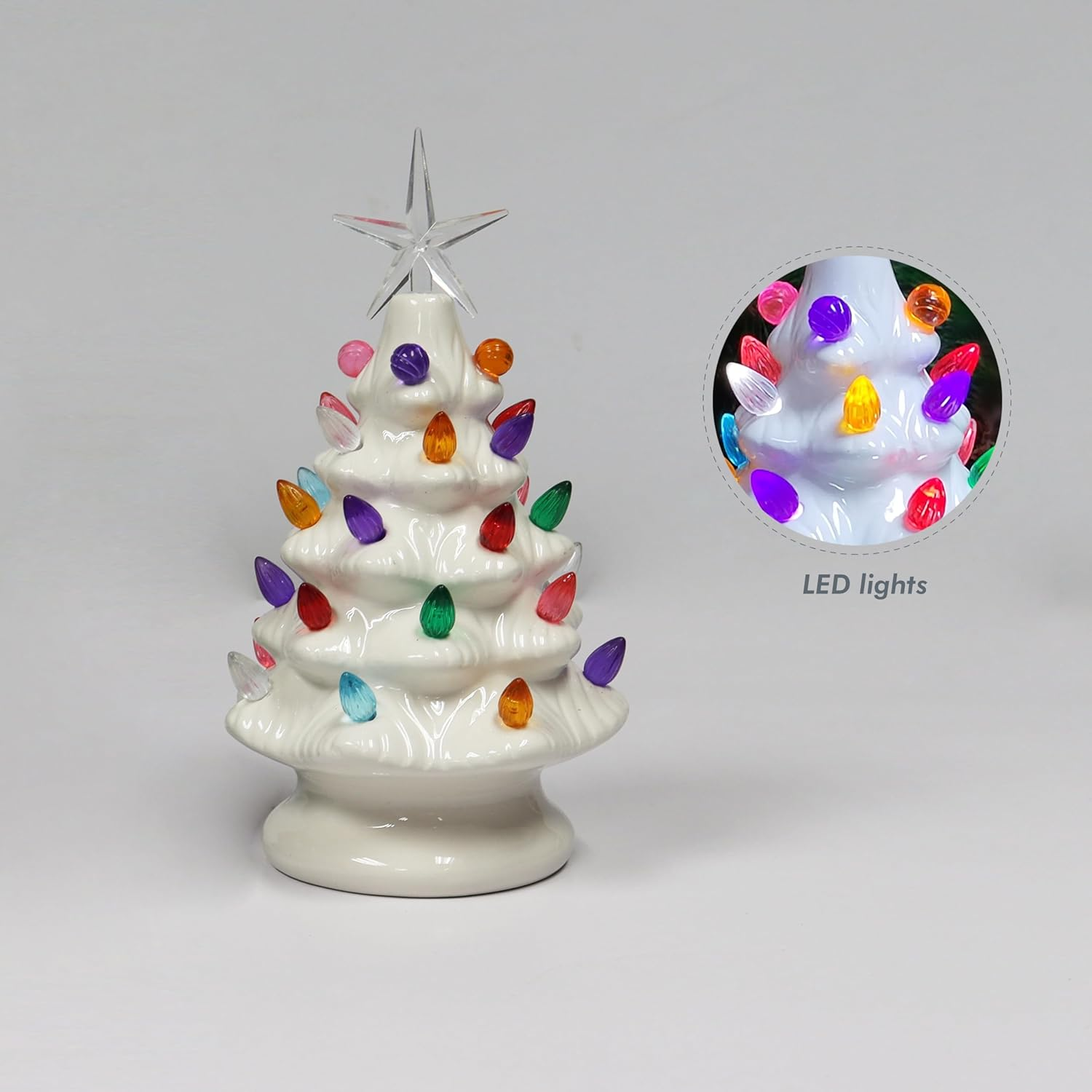 MOMENTS in TIME Ceramic Christmas Tree 9&rdquo; White LED Lighted Pre-Lit Tabletop Tree with Multicolor Bulbs & Star Topper, Battery Operated Holiday D&eacute;cor