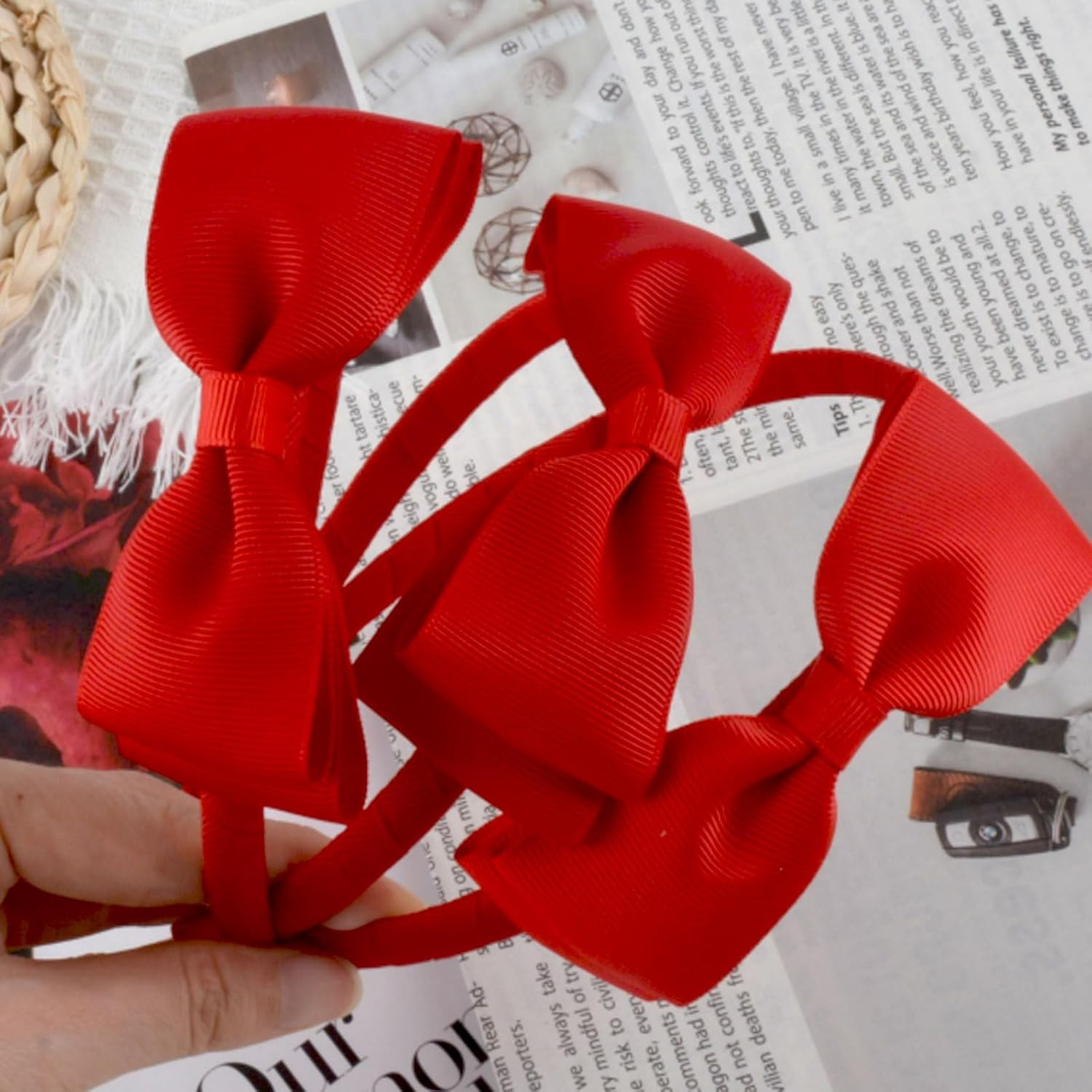 AYNKH 3 Pieces Red School Bows Headbands Alice Hairbands, Girls Uniform Ribbon Bow Set, Hair Accessories for Little Girl Toddlers Teens Birthday New Year Present image number 3