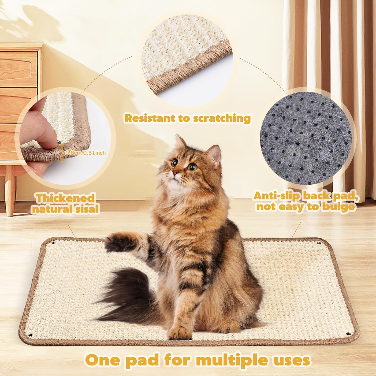 VABNEER 60 X 30 Cm Cat Scratching Board Wall Sofa, 1 Piece Sisal Cat Scratching Mat for Furniture Protection image number 5