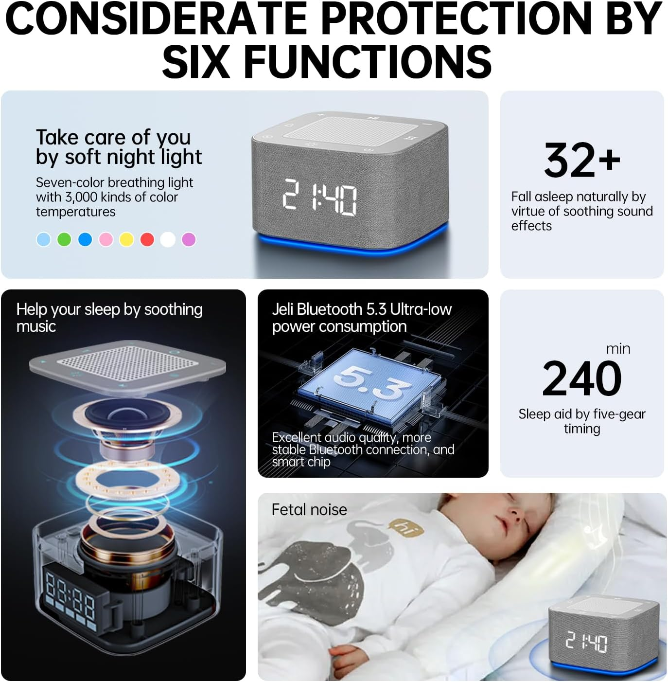 White Noise Machine & Alarm Clock with Bluetooth Music Player,32+ Soothing Sounds,7-Color Night Light, 5-Timer Settings, Dimmable, Memory Function, for Adults/Baby/Bedroom/Office (Grey) image number 6