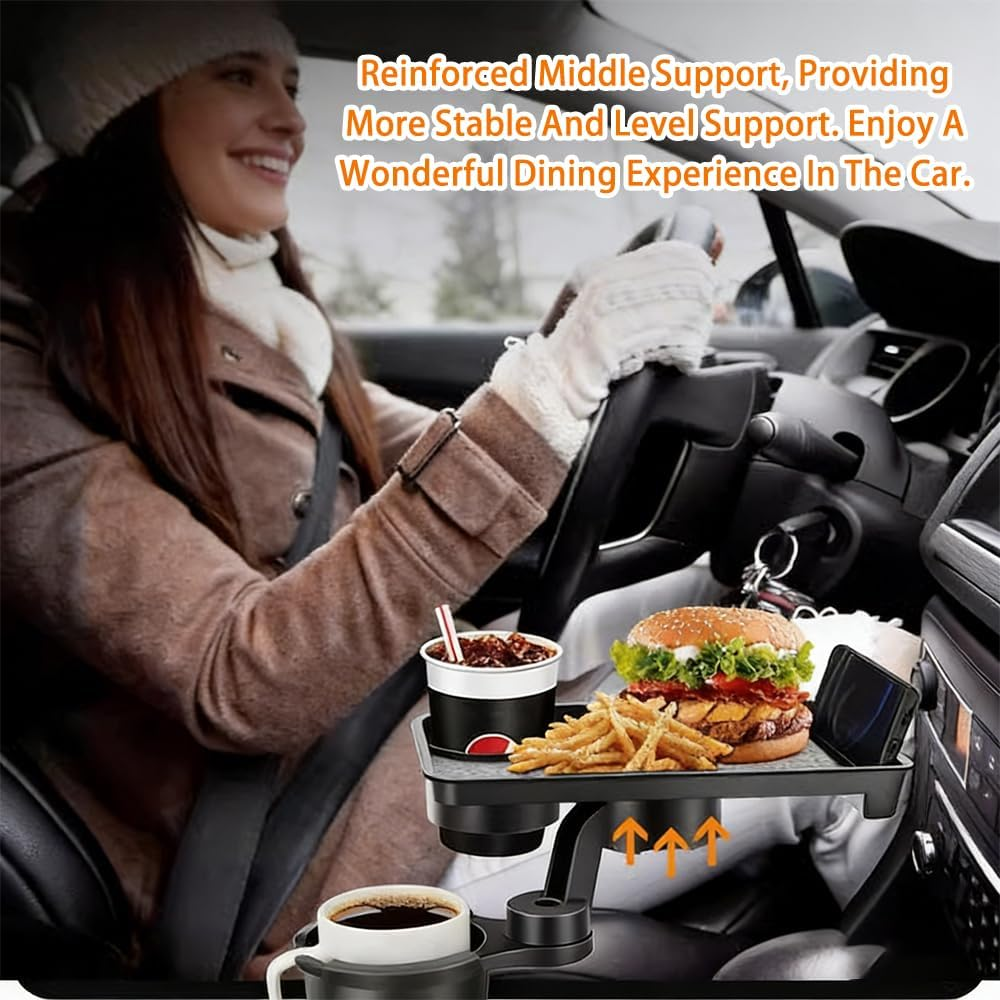 Car Cup Holder and Tray Set, Includes Two Cup Holder Trays, 2-In-1 Detachable Car Tray, 360&deg; Rotating Tray, with Phone Slot, Expandable Cup Holders, Travel Accessory