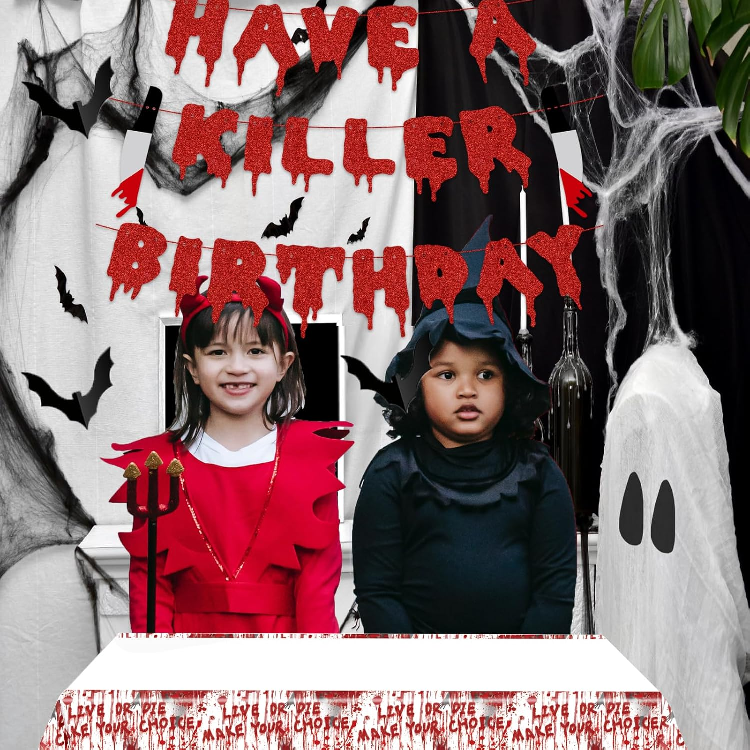 Have a Killer Birthday Party Banner Disposable Tablecloth for Halloween Birthday Halloween Bloody Horror Movie (Red) - Black image number 5