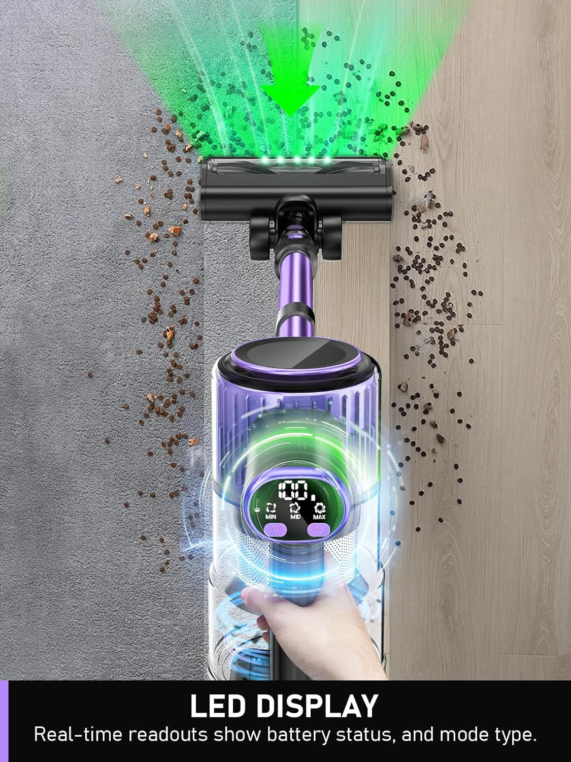 Cordless Vacuum Cleaner, 10-In-1 Stick Vacuum with Powerful Suction, Hose, Anti-Tangle Brush, Green LED Light, Lightweight Rechargeable Vacuum Cleaner for Home, Hardwood Floors, Carpets, Pet Hair