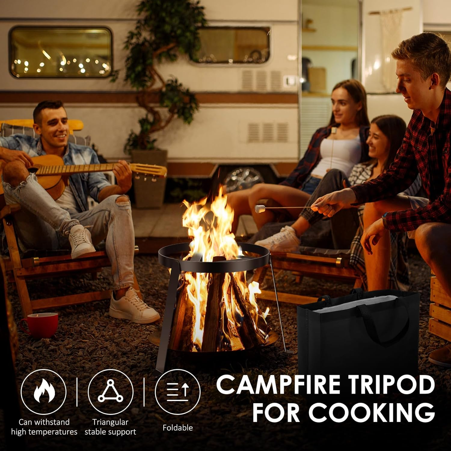 Campfires Tripod Stand Stable Fire Tripod Cast Iron Open Camping Tripod Heat Resistant Grill Open Fire Cooking Stand Folding Outdoor Fire Pit Stand for outside Camping image number 3