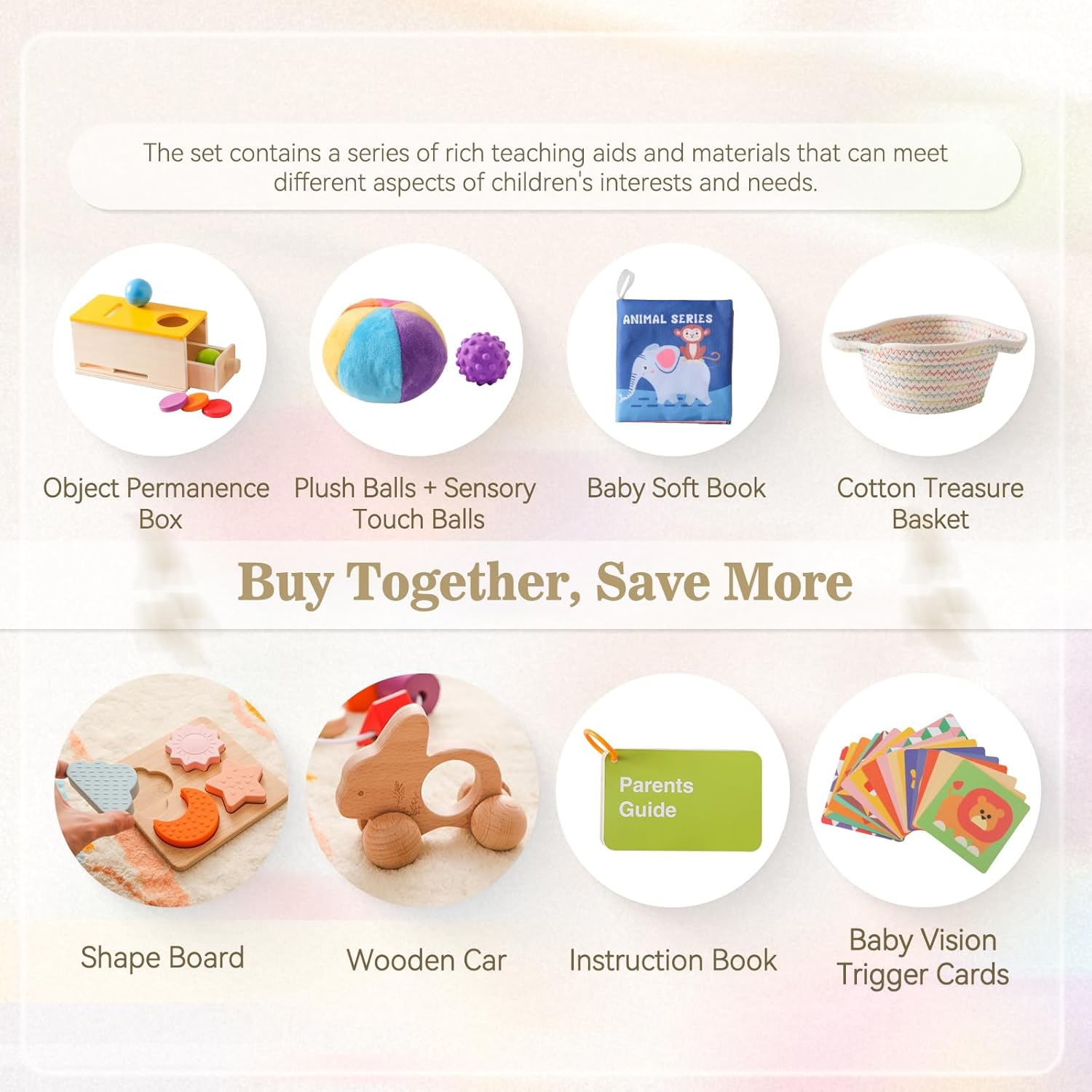 Montessori Toys for Babies 6-12 Months 6 in 1 Learning Educational Toy Set Wooden Toys Play Kit Includes Object Permanence Box, Touch & Match Board, Sensory Ball & Treasure Basket, Soft Baby Book image number 3