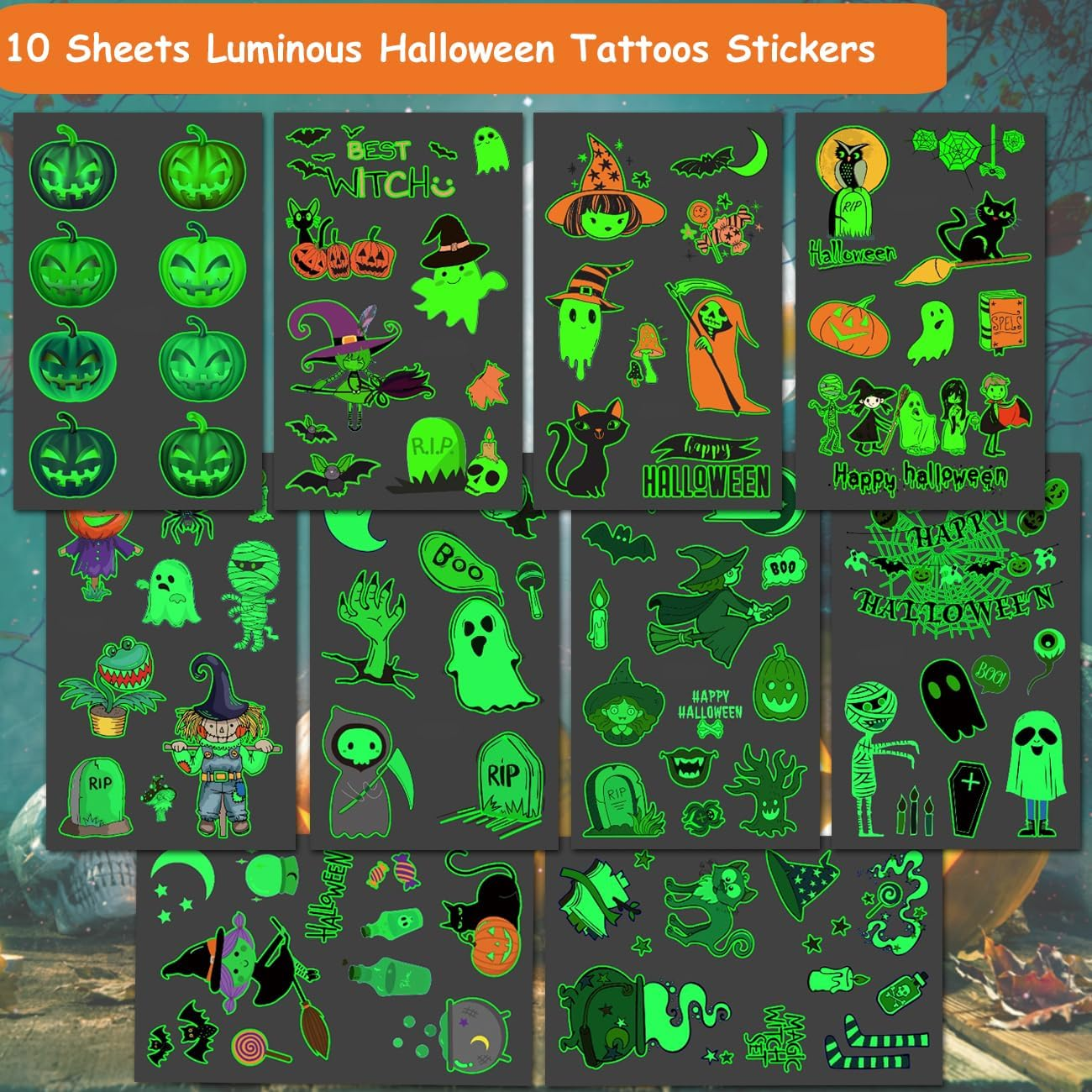 CHARLENT Luminous Temporary Halloween Tattoos for Kids Party Supplies - 100 Styles Glow in the Dark Halloween Pumpkin Ghost Skeleton Tattoos for Boys and Girls, Halloween Party Favors image number 3