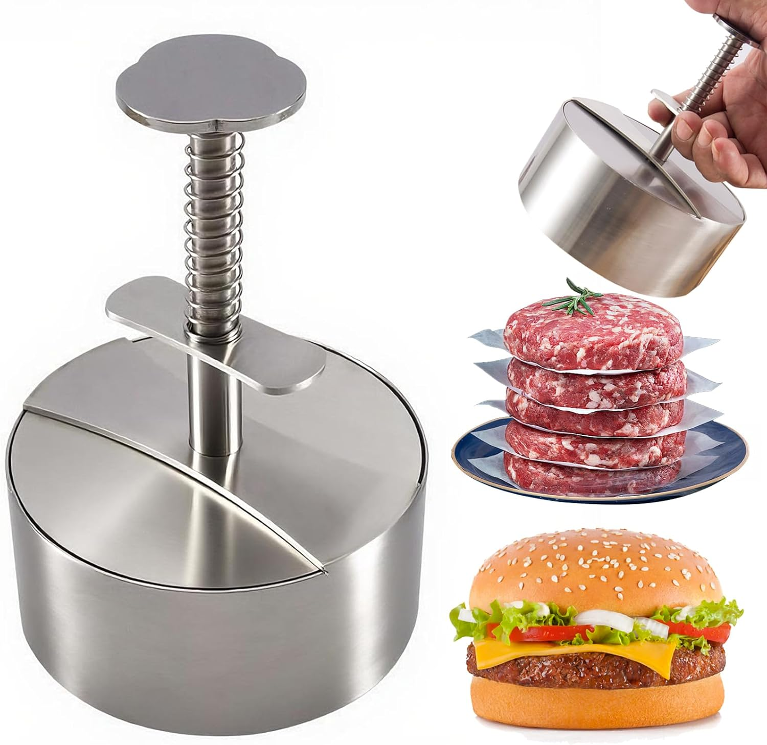304 Stainless Steel Burger Press, Heavy Duty Adjustable Hamburger Meat Press Maker, Non-Stick Stuffed Patty Molds With150 PCS Hamburger Patty Paper for Beef, Vegetables, Meat, BBQ, Party Grill image number 3