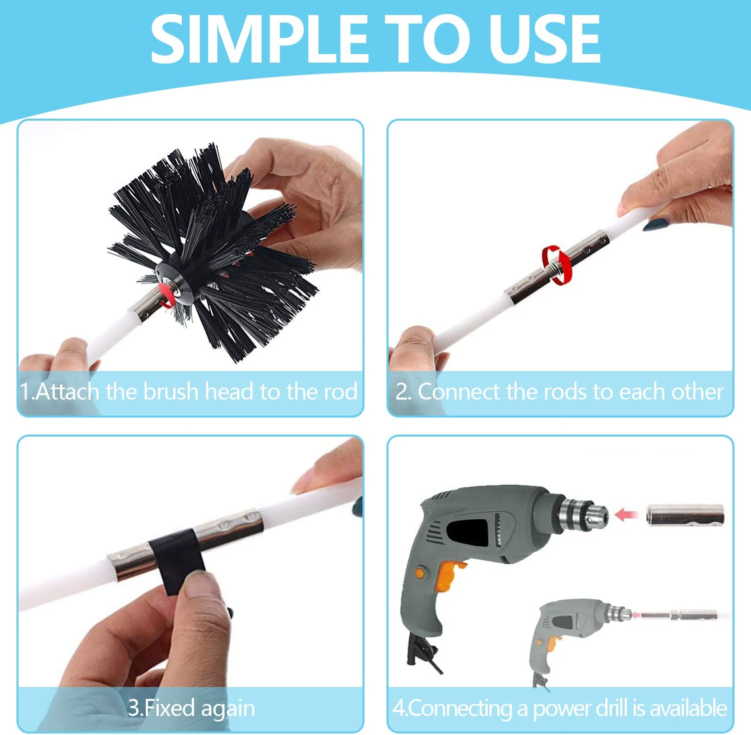 21.5Ft Chimney Cleaner Brush Kit, Duct Vent Rotary Cleaning Set,With 16 Flexible Rods, Brush Head, Gloves, Hexagonal Bar Chimney Sweep Kit for Fireplace/Dryer Vent/Sewage Pipe (Sets of 19Pcs)