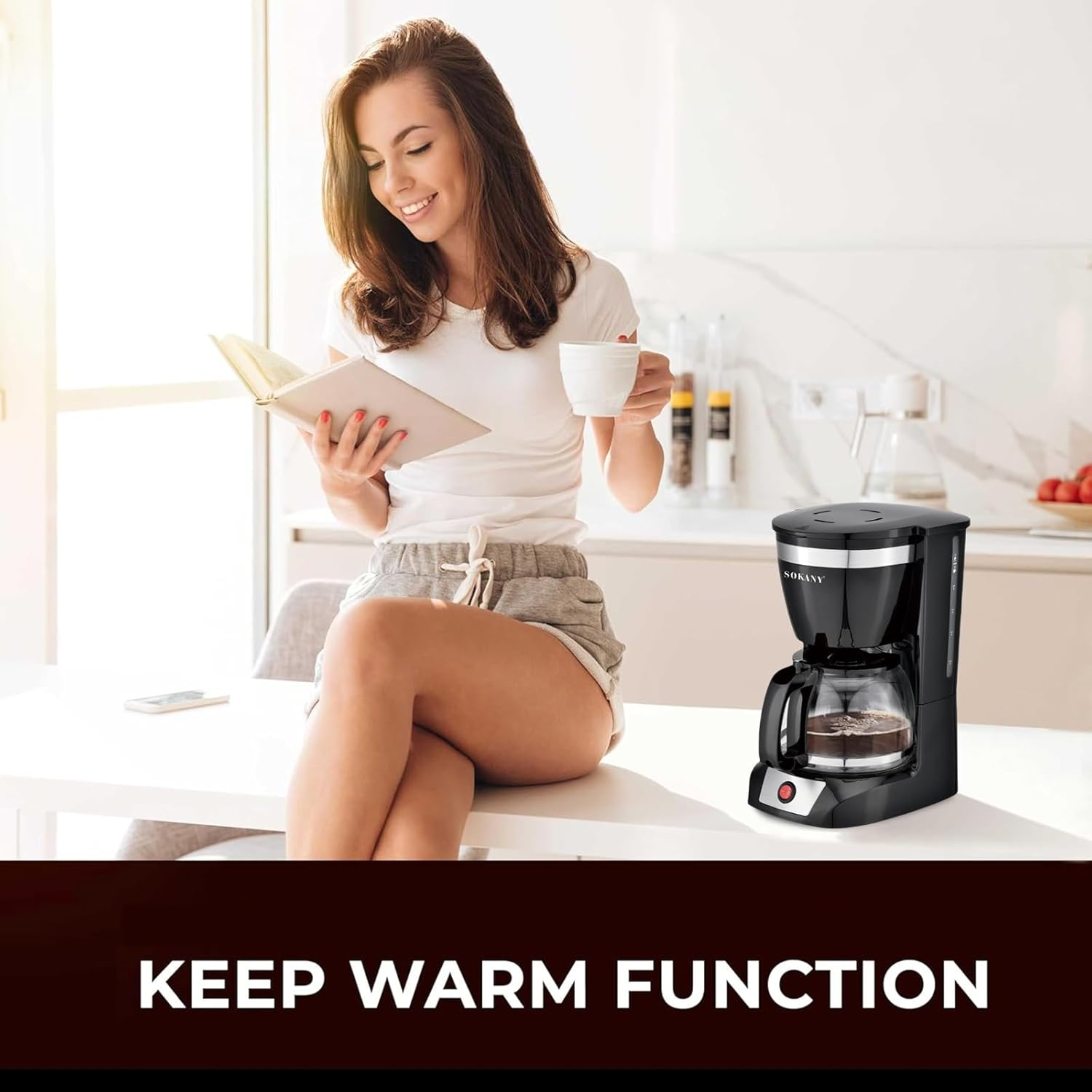 XIULIUU Coffee Maker, 12 Cup Coffee Pot with Reusable Filter, Keep-Warm Function, One-Touch On/Off Clear Water Level Window Coffee Machine, Black Electric Coffee Maker image number 3