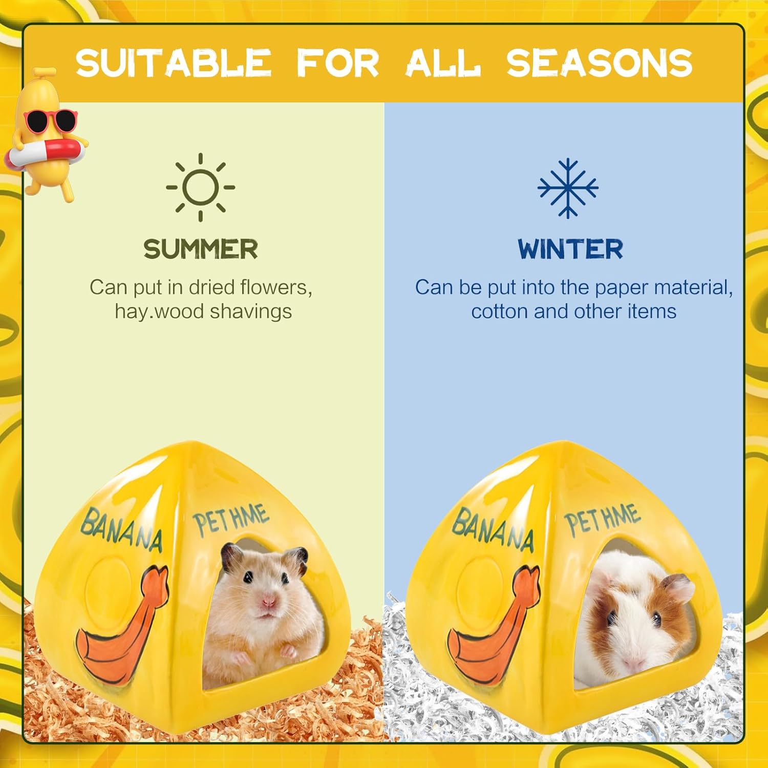 SUSOO Large Ceramic Hamster Hideout with Cute Banana Design, Four Seasons Universal Hamster House for Small Animals, Easy to Clean Guinea Pig Hide Bed for Hamster Cage Accessories and Dwarf Toys image number 2