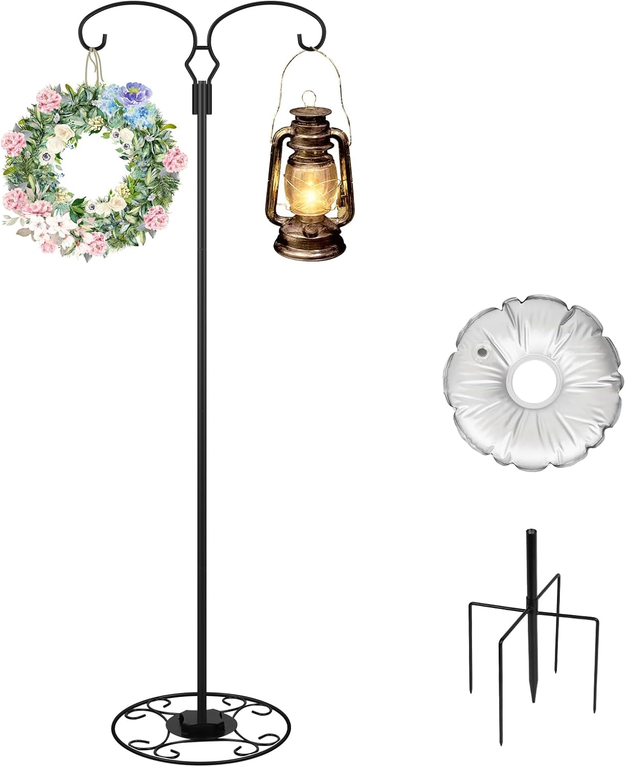 Liitrton 62.6 Inch Shepherds Hooks for Outdoor, Adjustbale Double Shepherds Hooks Hummingbird Feeder Stand Bird Feeder Pole Wind Chime Stand with round Base, 4 Prongs Base and Water Weight Bag