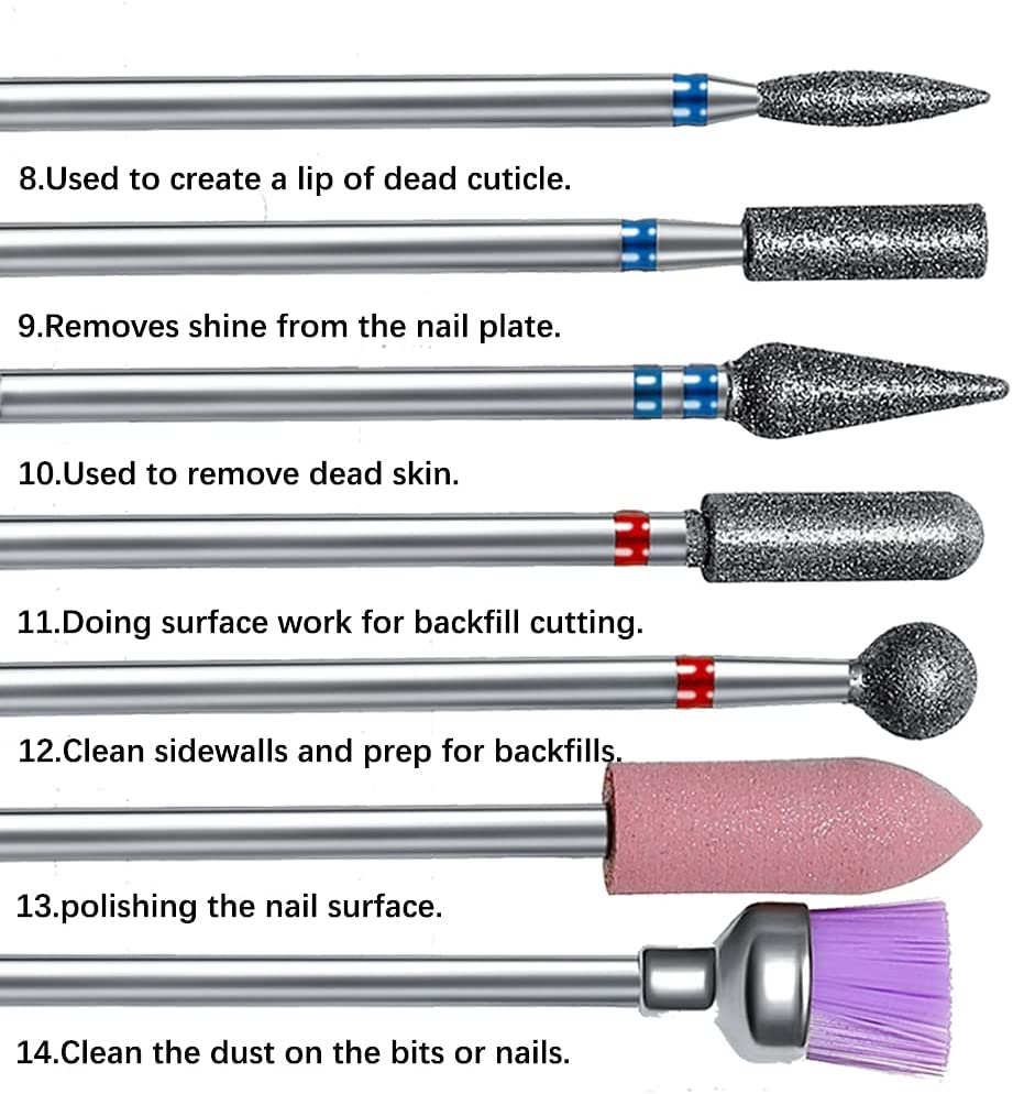 ERUIKA 14Pcs Nail Drill Bits Set, Professional Rotary Burrs Diamond Cuticle Remover Bits Kit, 3/32" Electric Manicure Nail File Bit for Acrylic Gel Nails Cuticle Manicure image number 2
