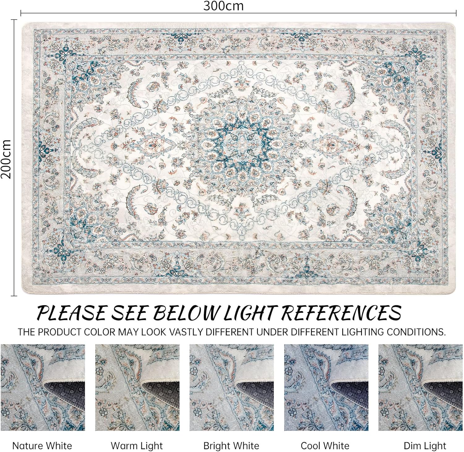 Leesentec Vintage Area Rugs for Living Room Soft Non-Slip Persian Rug Retro Floral Accent Carpet Extra Large Rugs for Bedroom/Dining/Office/Nursery Boho Home Decor (Blue/Grey/Beige，200 X 300Cm) image number 4