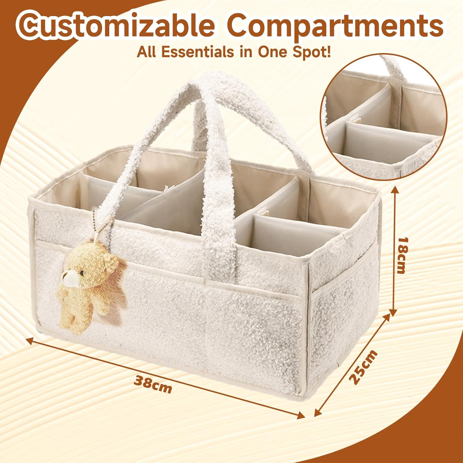 Togemvvs Baby Diaper Caddy Organizer, Baby Storage Basket for Diapers and Wipes, Portable Nappy Caddy with Bear (Ivory White)