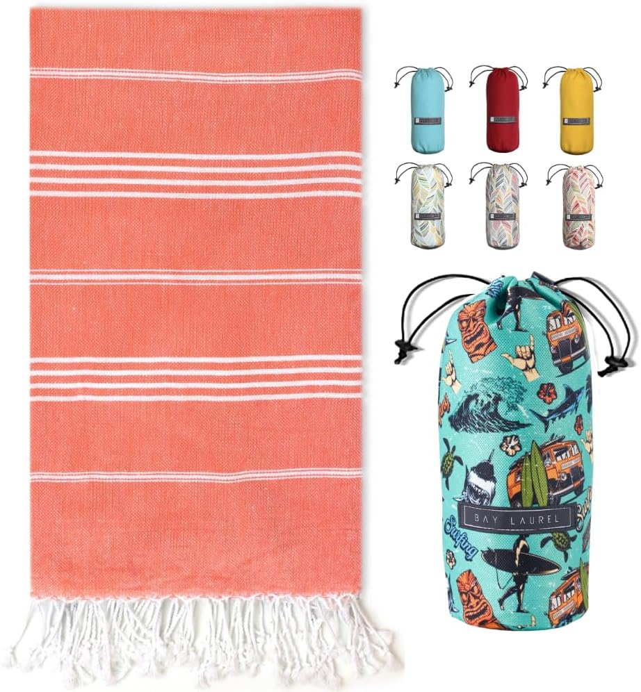 BAY LAUREL Turkish Beach Towel with Travel Bag 39 X 71 Quick Dry Sand Free Lightweight Large Oversized Towels Light