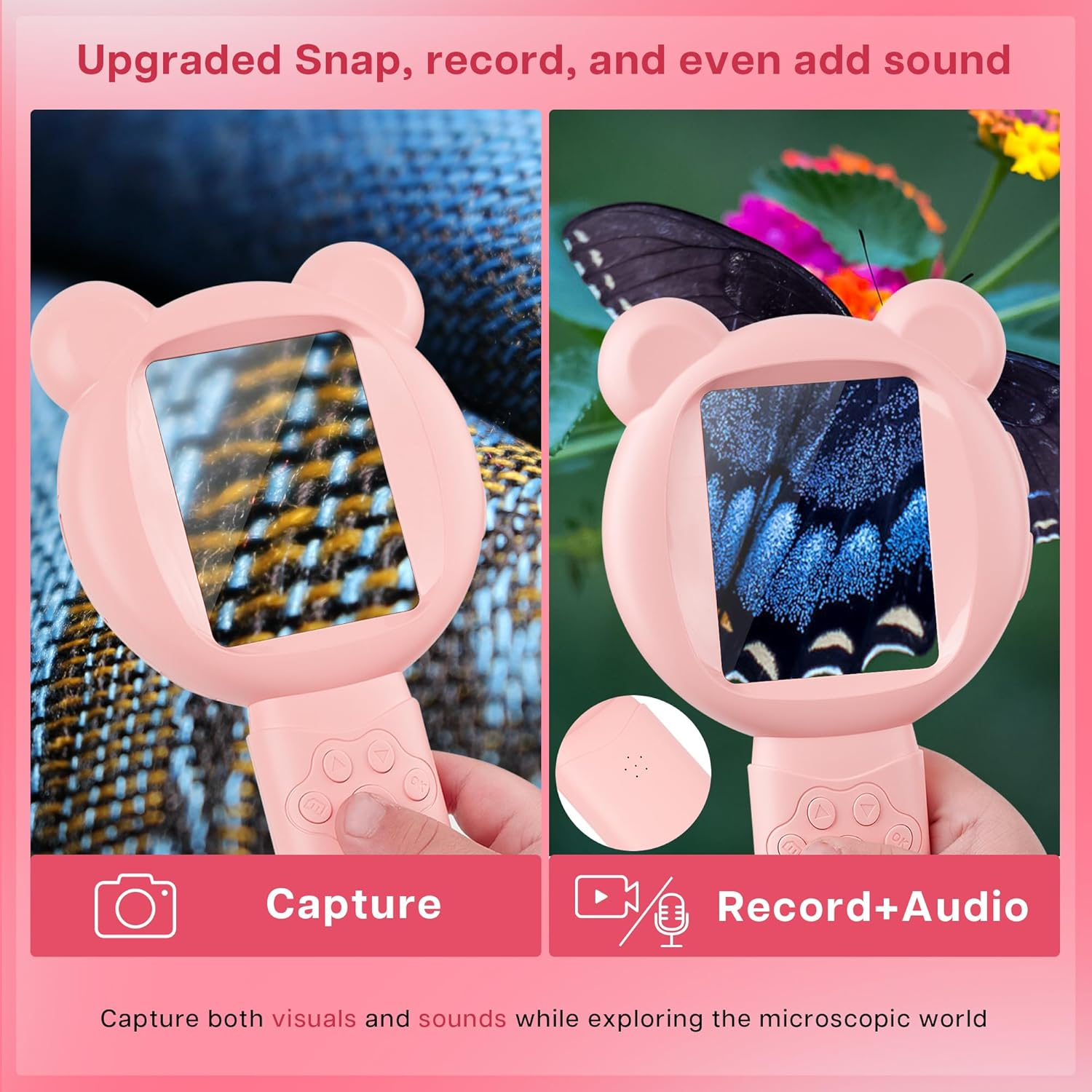 Bear Kids Microscope, Portable Microscope for Kids, Mini Digital Scope with 2.8" Screen, Educational Science Kit Birthday Gifts, Age 4-12, 16GB TF Card Included (Pink)