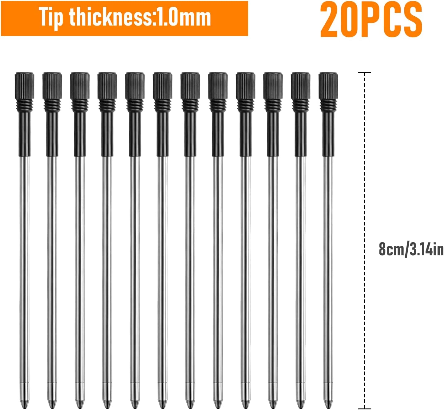 Pack of 20 Ballpoint Pen Refills Black Metal 8 Cm Long Interchangeable 1 Mm Tip Smooth Writing Refills Black Ink for Office School Home image number 6