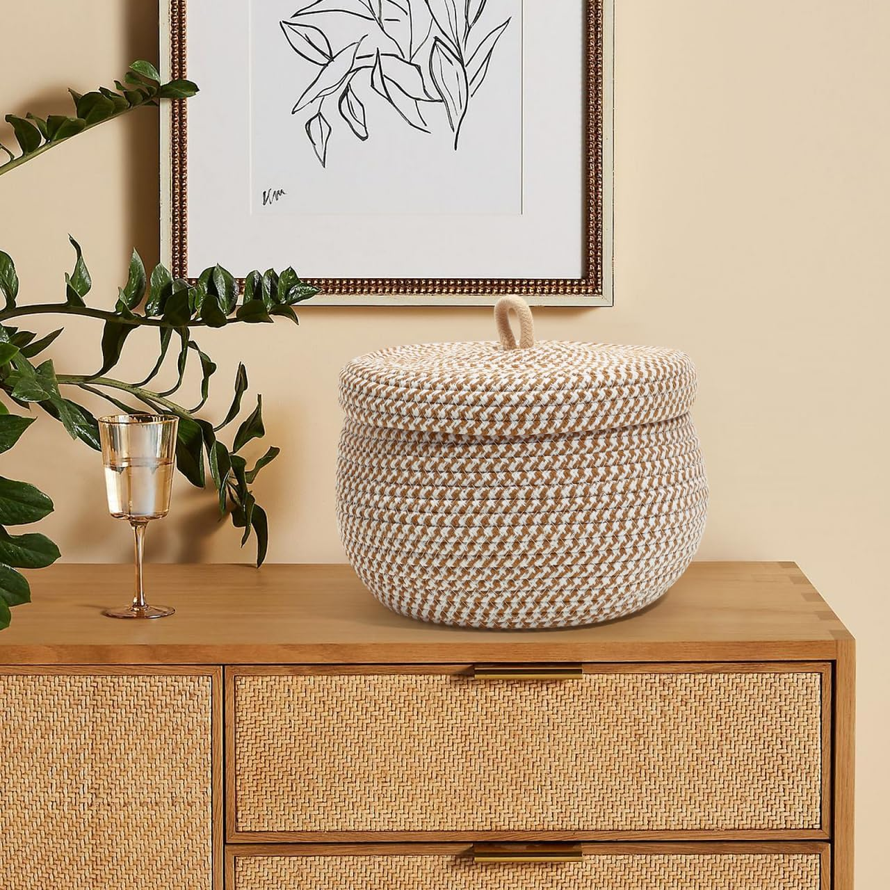 POPETPOP Cotton Rope Storage Basket with Lid round Woven Baskets for Home Organization Decorative Cotton Rope Holder for Snacks Cosmetics Sundries Stylish Storage for Any Room image number 5