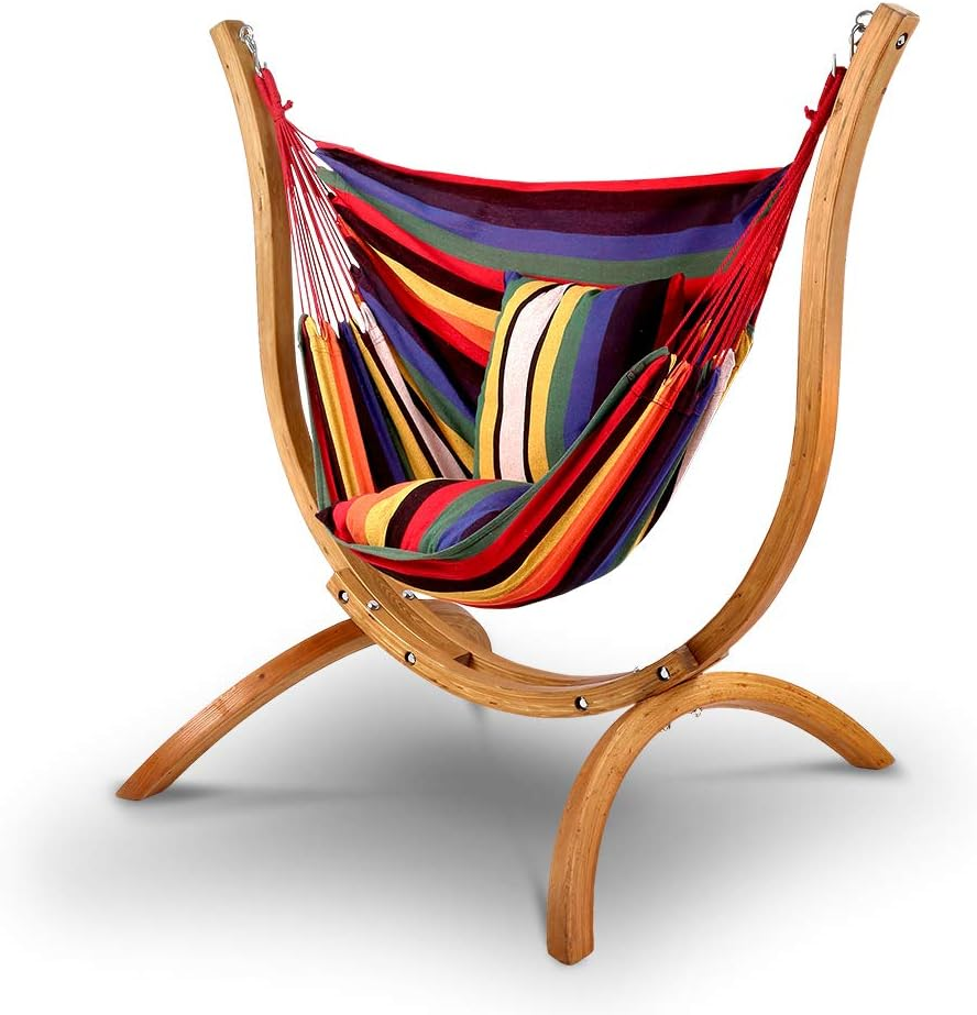 Gardeon Hammock with Stand, Wooden Single Hammocks Chair Bed Lounge Swing Chairs Sun Lounger Outdoor Furniture Indoor Travel Garden Accessories, Pillow Adjustable Chain Length Colorful image number 1