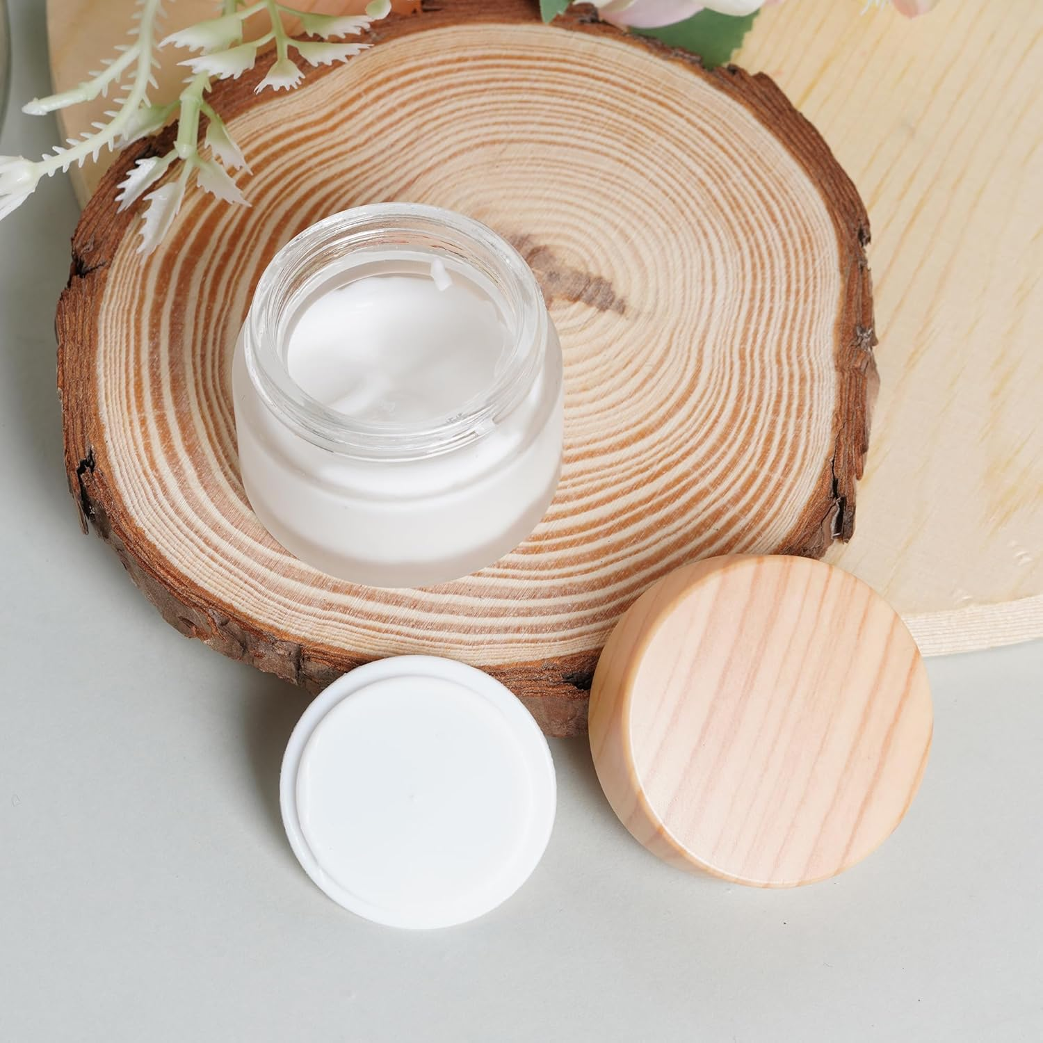 6Pcs Glass Cosmetic Containers with Wood Grain Lid Refillable Cosmetic Jar Frosted Glass Cream Container with Leak-Proof Lid Empty Makeup Jar for Lotions,Creams,Scrub Cream,Home,Travel(30Ml) image number 1