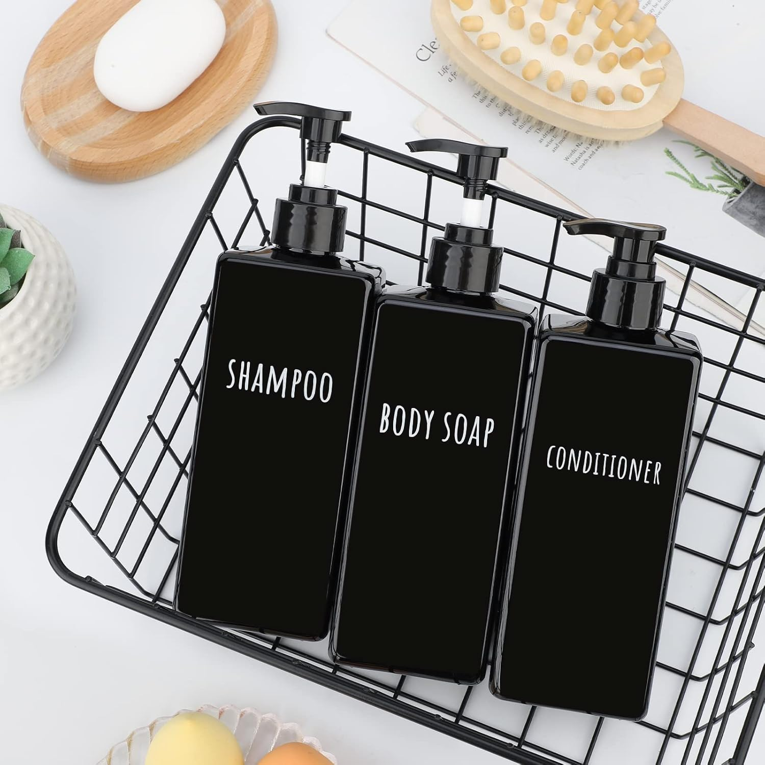 Segbeauty Square Soap Dispenser Black, 3Pcs 16.9Oz Refillable Shampoo & Conditioner Bottles, 500Ml Empty Reusable Plastic Pump Bottle Bathroom Shower Set for Body Wash Liquid Gel Lotion (SBFBA160931) image number 6