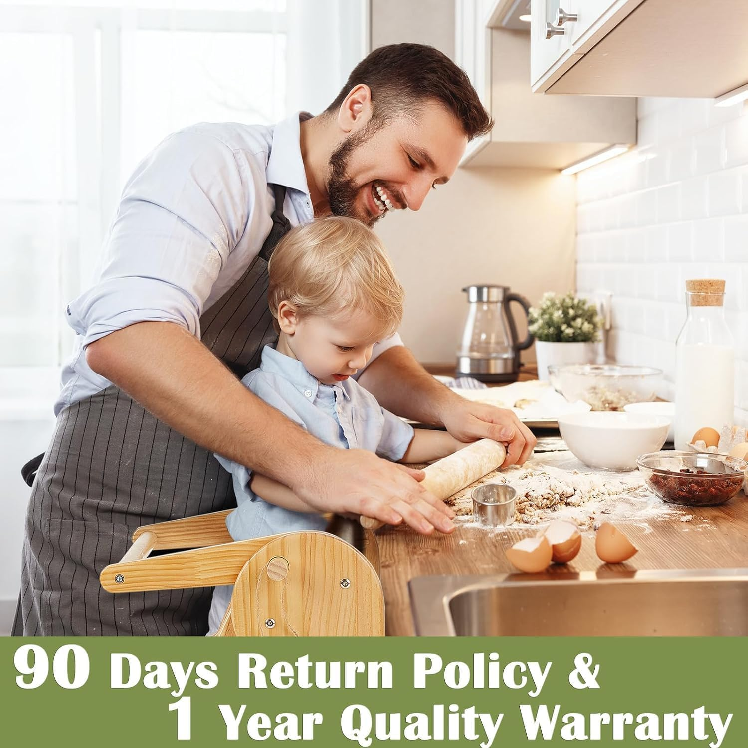 Foldable Toddler Kitchen Tower, Baby Montessori Kitchen Helper with Safety Rail, Kids Wooden Learning Tower Adjustable Learning Step Stool (Wood) image number 2