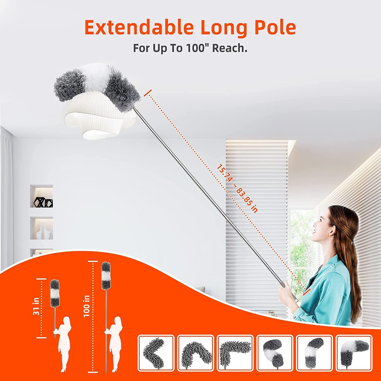 HOXHA 7 Pcs Feather Duster Set with 4 Brush Head 2.5 Meters' Extra Long Extension Pole, Bendable Extendable Duster for Cleaning High Ceiling, Ceiling Fan, Blinds, Cobwebs, Furniture, Cars image number 5